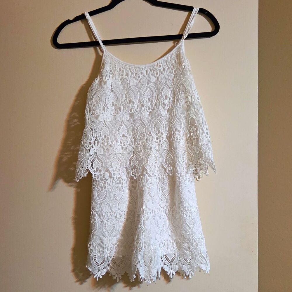 Miami White Lace Floral Scoop Neck Spaghetti Strap Lined Romper Size XS